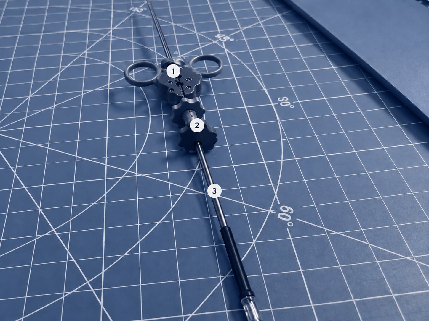 Full YouStay prototype with numbered markers: 1 finger-ring grip, 2 control wheels, 3 catheter shaft